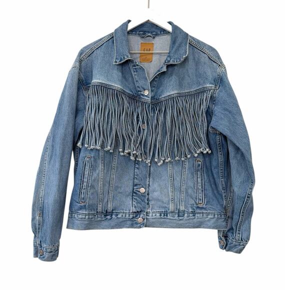 GAP Oversized Denim Fringe Jacket Women’s Small Tall Light Wash Western - Picture 3 of 10